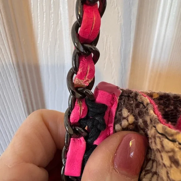 Poppie Snake Print Shoulder Hobo Bag Pink and Graphite Color Accents Chain Large - Picture 5 of 12